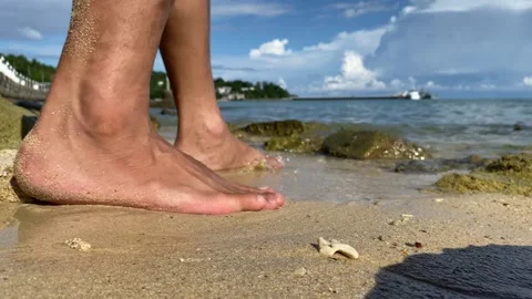 Walking on wet sandy beach towards the sea outdoor sunny day coastal landscape Stock Footage 281319480