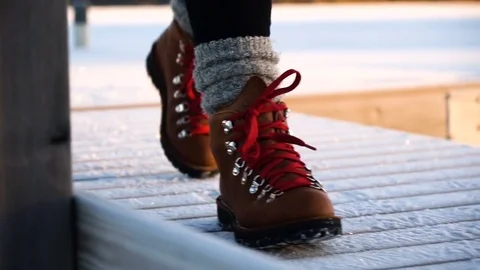 Walking on winter snowy pier covered with frost Stock-Footage 71539171