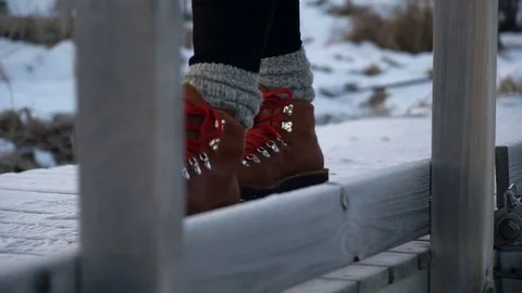 Walking on winter snowy pier covered with frost Stock Footage 71539852