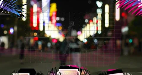 Walking wireframe silhouette moving through nighttime urban street, neon bokeh, Stock Photos