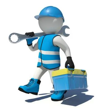 Walking worker in overalls holding tool box and wrench on his shoulder. Isolated Stock Illustration