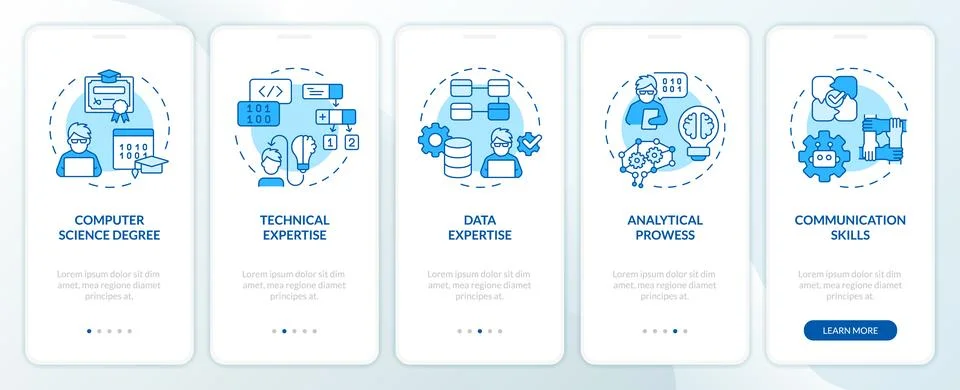 Walkthrough AI engineer with blue linear icons Stock Illustration