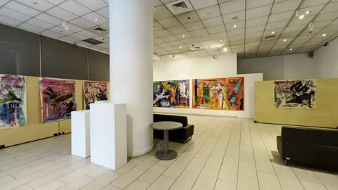Walkthrough inside a contemporary art gallery, and abstract paintings Vídeos de archivo 313200729