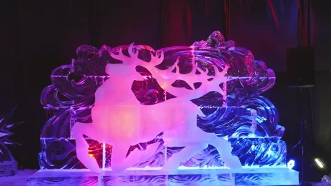 Walkthrough the medieval arc door from ice to frozen deer sculpture Stock Footage 263580509
