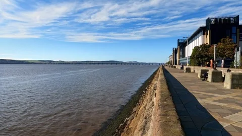 Walkway along the Tay Riverbank in Dundee, Scotland Stock Footage 328436853
