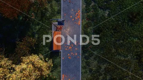 Walkway with empty bench in autumn park top view Stock Illustration