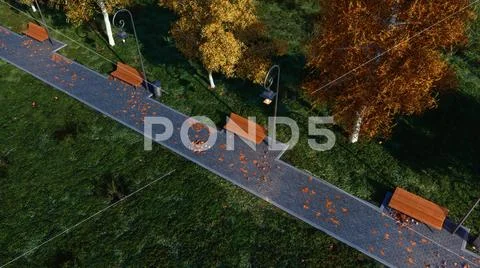 Walkway with empty benches in autumn park at dusk Stock Illustration