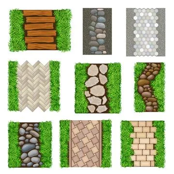 Walkway Landscape with Winding Stone Path, Paving Flagstone and Wooden Footpath Illustrazione stock