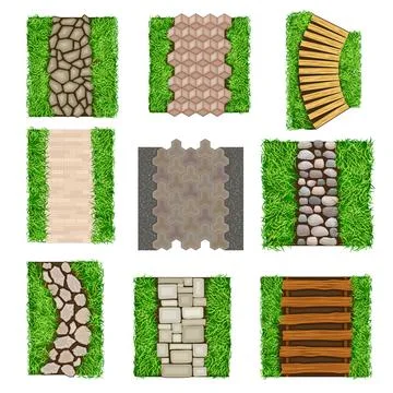 Walkway Landscape with Winding Stone Path, Paving Flagstone and Wooden Footpath Illustrazione stock