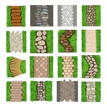 Walkway Landscape with Winding Stone Path, Paving Flagstone and Wooden Footpath Illustrazione stock