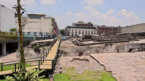 Walkway Over Ancient Aztec Ruins Templo Mayor Archeological Site Mexico Video stock 344627485