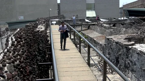 Walkway Over Aztec Ruins At Templo Mayor, Zocalo, Mexico City Stock Footage 154671087