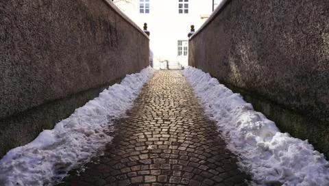 Walkway with snow in oldtown Stock Photos