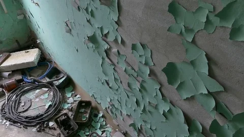 A wall in an abandoned room with a shabby green paint. 2017, Chernobyl, Ukraine Video stock 75235553