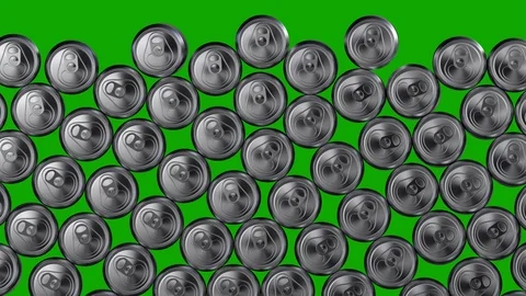 Wall of aluminium cans tumbling down on green background. Recycling, food Stock Footage 118888817