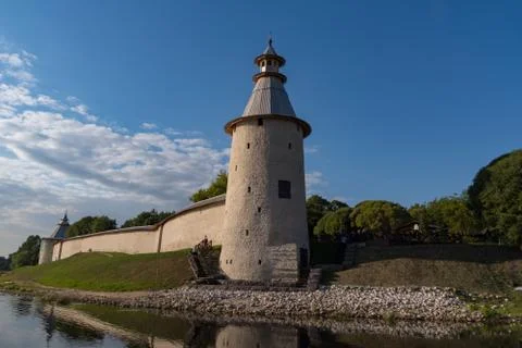 Wall and High tower in Pskov Krom (Kremlin), Russia Stock Photos