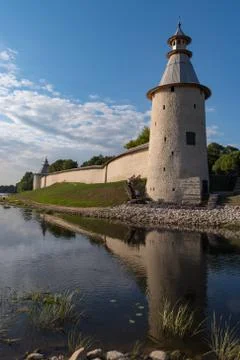 Wall and High tower in Pskov Krom (Kremlin), Russia Stock Photos