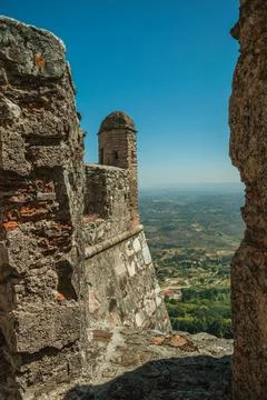 Wall and tower seen by crenel at the Marvao Castle Stock Photos
