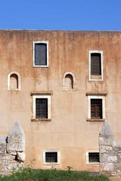 Wall and windows of the Orthodox monastery Stock Photos