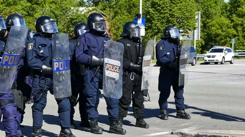 Wall of anti-riot cops ready Stock Footage 95266358