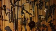 Wall Of Antique Tools Stock Footage