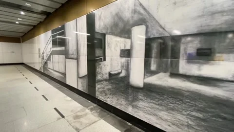 Wall of art at Concourse level of Marina Bay Station, Thomson-east Coast Line Stock Footage 291534201