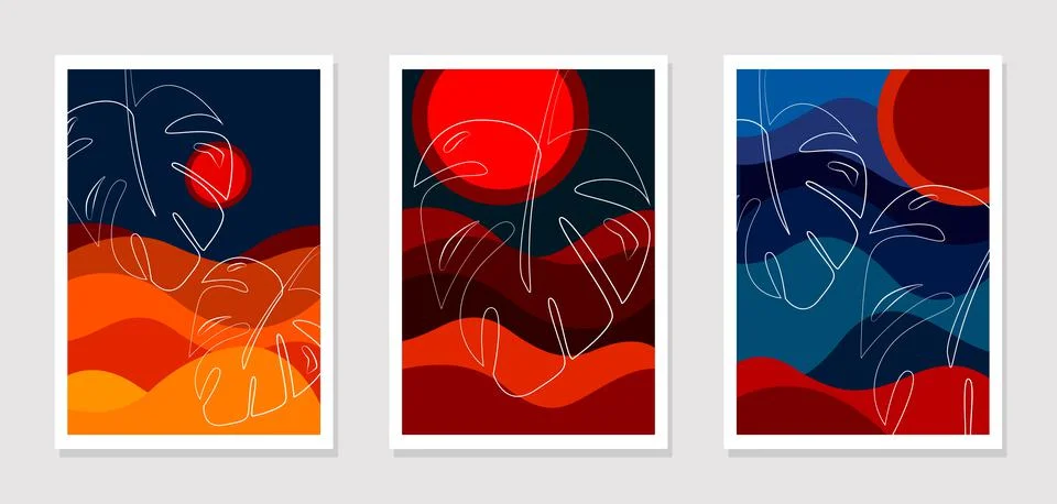 Wall art pattern vector set. Outline drawing of a monstera leaf  イラスト素材