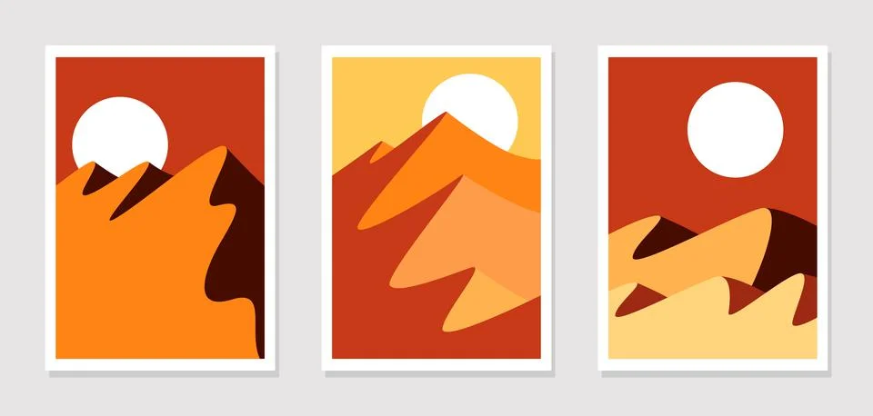Wall art pattern vector set. White sun in a hot red desert Stock Illustration