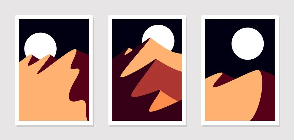 Wall art pattern vector set. Fiery moon in the desert at night. Stock Illustration