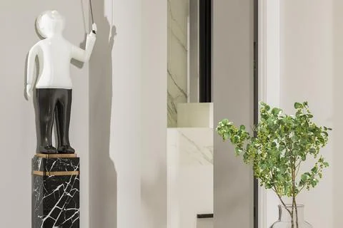 Wall background wuth a vase and a statue standing with a pillar Illustrazione stock