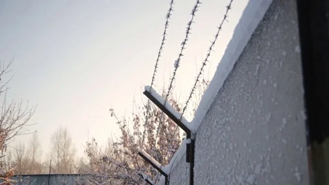 Wall with barbwire under snow in winter Stock Footage 72993993