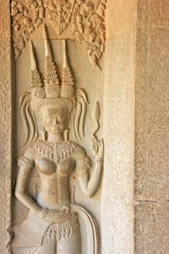 Wall bas-relief of devata, angkor wat temple, siem reap, cambodia Stock Photos