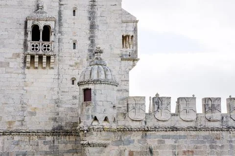 Wall of the Belem, Tower Torre de Belem, on the Tagus river, Lisbon, Portugal Stock Photos