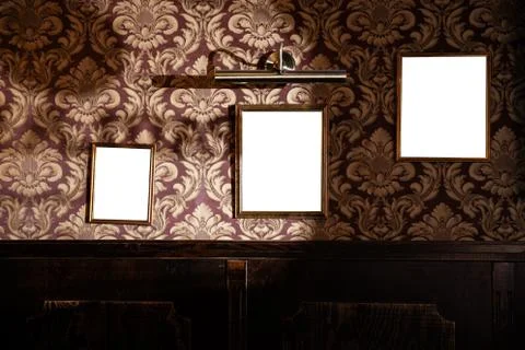 Wall of blank frames and whiteboards in pub interior - Mock up, billboard, ad Stock Photos