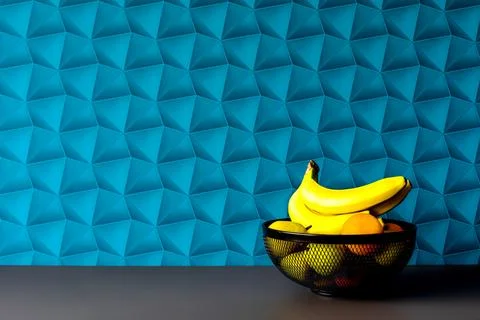 A wall with blue patterned wallpaper. Black fruit basket in an elegant arra.. Stock Photos
