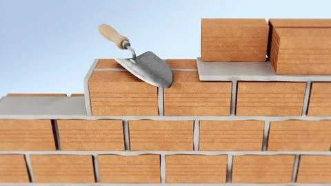Wall building with bricks and hand shovel. 3D illustration Stock Illustration