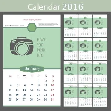 Wall Calendar 2016. Vector Template with Place for Photo. 12 Months Illustrazione stock