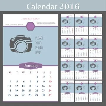 Wall Calendar 2016. Vector Template with Place for Photo. 12 Months Stock Illustration