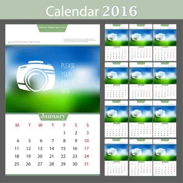 Wall Calendar 2016. Vector Template with Place for Photo. 12 Months Stock Illustration