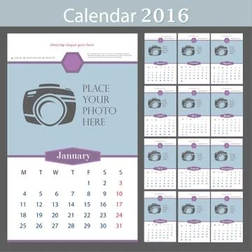 Wall Calendar 2016. Vector Template with Place for Photo. 12 Months Illustrazione stock