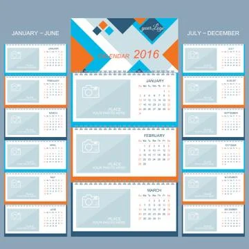Wall calendar 2016 years . Vector design template  with place for your photo Illustrazione stock