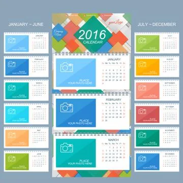 Wall calendar 2016 years . Vector design template with place for your photo. Set Illustrazione stock