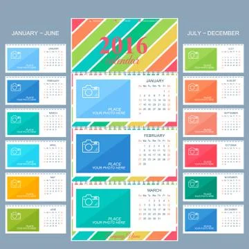 Wall calendar 2016 years . Vector design template with place for your photo. Set Illustrazione stock