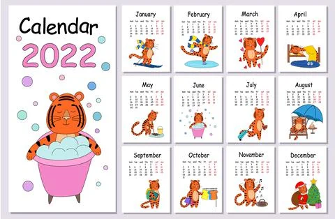 Wall calendar design template for the year 2022, the year of the Tiger according Stock Illustration