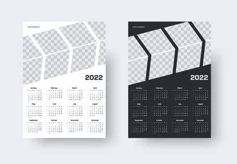 Wall calendar template for 2022 with week numbering, with arrows for a photo, Stock Illustration