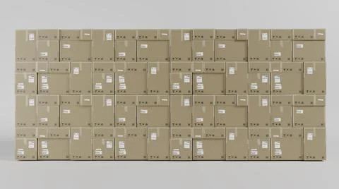 Wall of Cardboard Boxes For Package, Pile, Shipping and Delivery, With Signs Ilustración de archivo