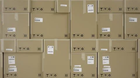 Wall of Cardboard Boxes For Package, Pile, Shipping and Delivery, With Signs Stock Illustration