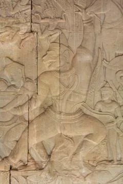 Wall Carving at Prasat Bayon Temple In Angkor Thom, Cambodia Stock Photos