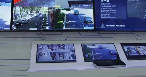Wall with CCTV screens in the exhibition hall Stock Footage 263612419