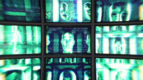 Wall of CCTV screens with green distorted footage Stock Footage 262756473